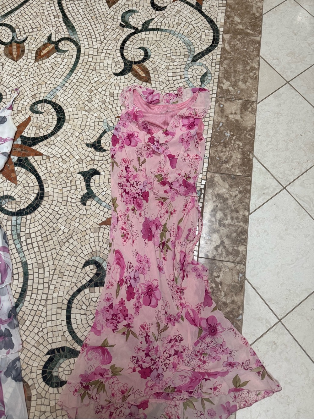 Pink Floral Ruffle-Trim Maxi Dress
